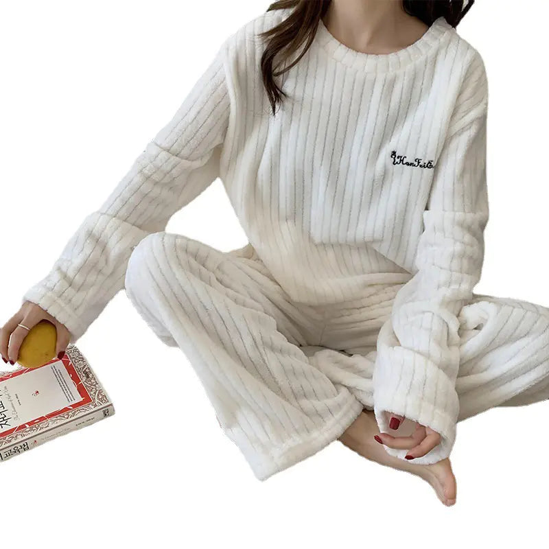 Women's Striped Coral Fleece Pajamas Set for Fall/Winter