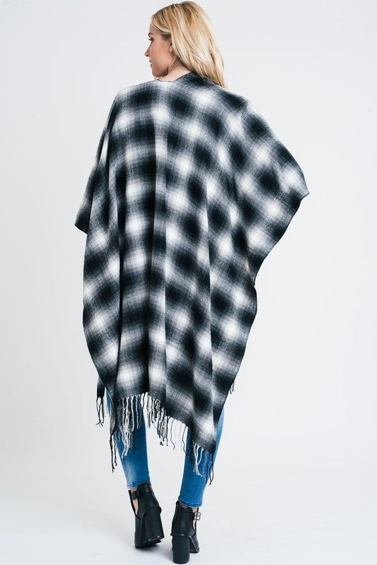 Plaid Open Front Poncho with Fringe Detail