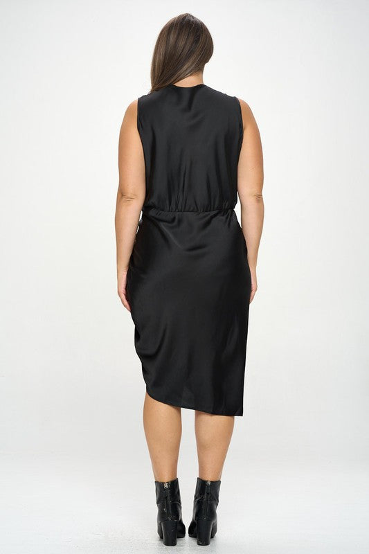 Stretch Satin Ruched Dress with Asymmetrical Hem
