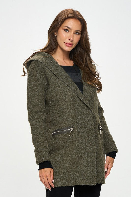 Olive Knit Open Front Cardigan with Hoodie and Zipper Detail