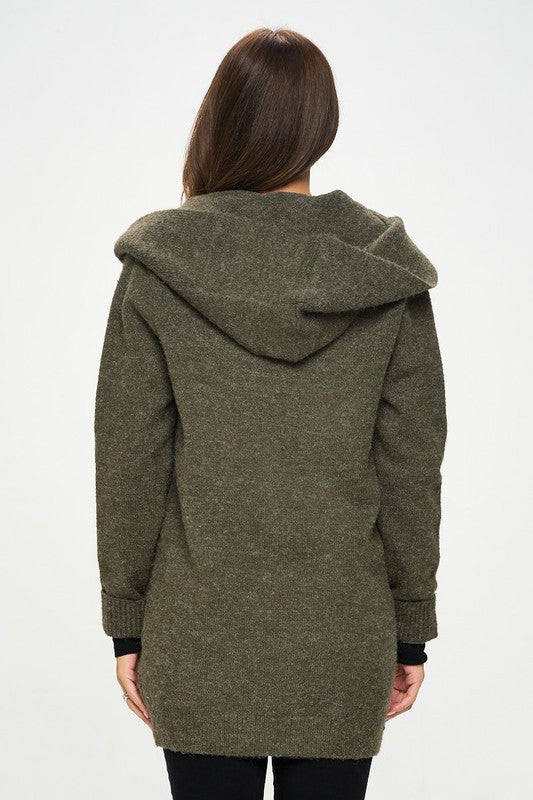Olive Knit Open Front Cardigan with Hoodie and Zipper Detail