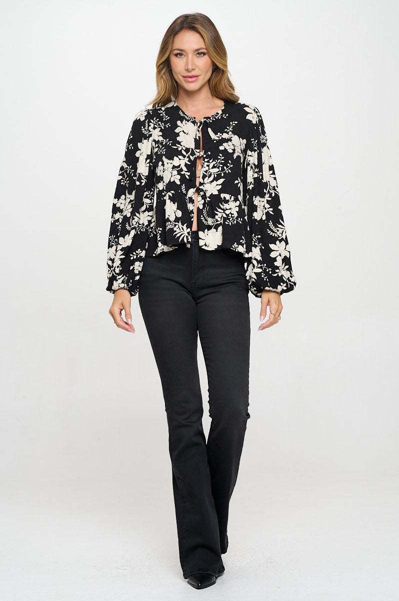 Floral Print Top with Front Tie Detail
