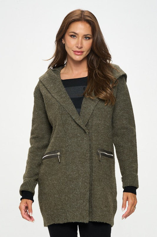Olive Knit Open Front Cardigan with Hoodie and Zipper Detail