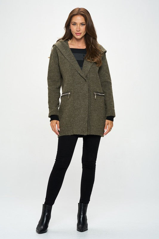 Olive Knit Open Front Cardigan with Hoodie and Zipper Detail